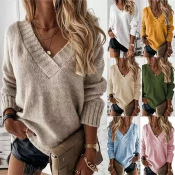 Осень-зима вязаный свитер с v-образным вырезом женский однотонный теплый джемпер с длинными рукавами женские свободные пуловеры свитер S белый
