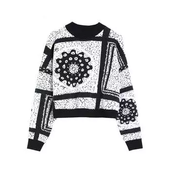 Осень-зима вязаный свитер в стиле Харадзюку в стиле ретро, винтажный уличный пуловер, жаккардовые женские укороченные топы с цветочным принтом C-270