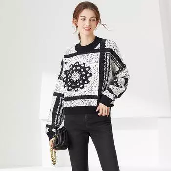 Осень-зима вязаный свитер в стиле Харадзюку в стиле ретро, винтажный уличный пуловер, жаккардовые женские укороченные топы с цветочным принтом C-270 One Size чёрный