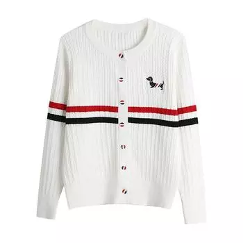 Осень-зима вышитая собака вязаный полосатый свитер пальто куртка женская мода однобортный длинный рукав джемпер One Size белый