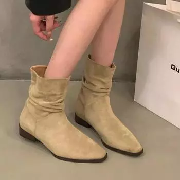 Осень-зима, высококачественные женские ботильоны 2024 года, модные, из искусственной замши, в стиле ретро, новые, плиссированные, на низком каблуке, сапоги для верховой езды Botas Mujer 35 чёрный