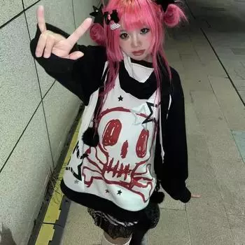 Осень-зима Y2K футболка субкультуры с длинными рукавами из искусственной ткани из двух предметов Harajuku свободные футболки в стиле панк повседневные эстетические топы в стиле рок-эмо-гранж S чёрный