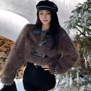 Осень-зима Y2K пряжка искусственный мех лисы короткое пальто для женщин дамы длинный рукав меховая куртка верхняя одежда One size