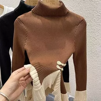 Осень-зима Y2k Водолазка с боковыми разрезами Пуловер Женский Утолщенный эластичный однотонный Топ Лоскутный свитер с длинным рукавом Тонкие сексуальные топы свитера one size чёрный