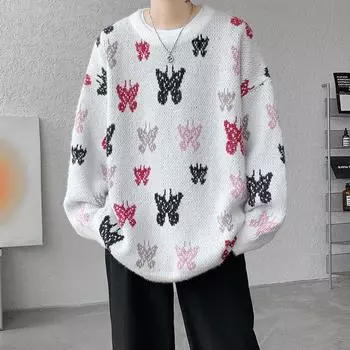 Осень-зима жаккардовый вязаный свитер с принтом пуловер толстый повседневный теплый свитер с круглым вырезом трикотаж для мужчин XL белый