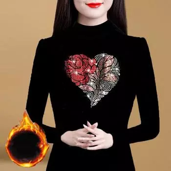 Осень Зима Женщины Бриллианты Флис Черная Приталенная Футболка Версия Мода Полувысокий Воротник Большой Размер Утолщенный Повседневный Топы с Длинным Рукавом L