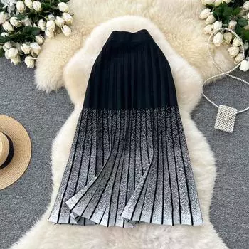 Осень-зима Женщины градиент цвета вязаный свитер плиссированная юбка S чёрный