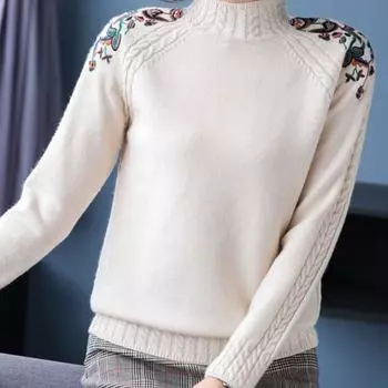 Осень-зима Женщины Полуводолазка свитер Пуловер Женская одежда Новая вышивка Длинные рукава Трикотаж Джемпер Женские топы M чёрный