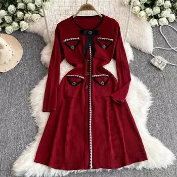 Осень-зима Женщины Роскошные Пуговицы Бабочка Вязаный Свитер Пуловер Мини Короткие Платья One Size красный