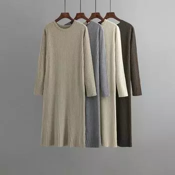 Осень-зима женщины с круглым вырезом с длинным рукавом сплошной цвет вязаный свободный свитер платье OneSize чёрный