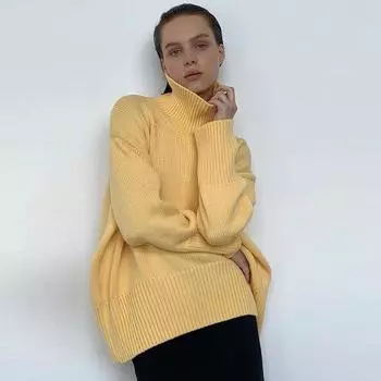 Осень-зима Женщины Твердый Водолазка Вязаный свитер Пуловеры Мода Женский Длинный Рукав Свободный Оверсайз Джемпер M коричневый