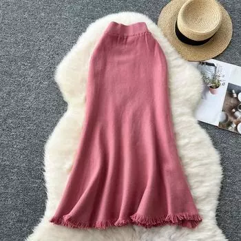 Осень-зима Женская элегантная кисточка миди вязаный свитер юбка-рыбий хвост One Size розовый