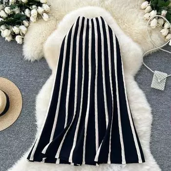 Осень-зима Женская элегантная полосатая длинная миди вязаная юбка-свитер S чёрный