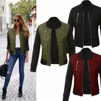 Осень Зима Женская Базовая Стеганая Куртка-Бомбер на Молнии S чёрный