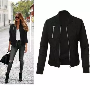 Осень Зима Женская Базовая Стеганая Куртка-Бомбер на Молнии S зелёный