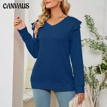 Осень-зима женская блузка рубашка с рюшами и длинными рукавами на шнурке с v-образным вырезом футболка топы XXL чёрный