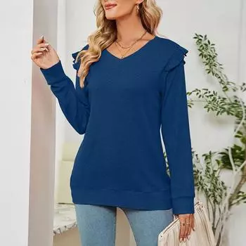 Осень-зима женская блузка рубашка с рюшами и длинными рукавами на шнурке с v-образным вырезом футболка топы XXL чёрный