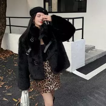 Осень-зима женская черная пряжка теплая искусственная шуба женская с длинным рукавом роскошная меховая куртка верхняя одежда One Size чёрный