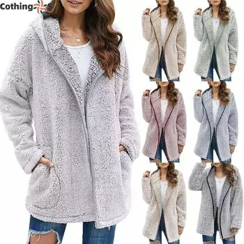 Осень-зима женская длинная куртка Тедди, теплое толстое флисовое пальто с отложным воротником, плюшевое пальто для женщин, повседневная зимняя одежда с длинным рукавом S светло-серый