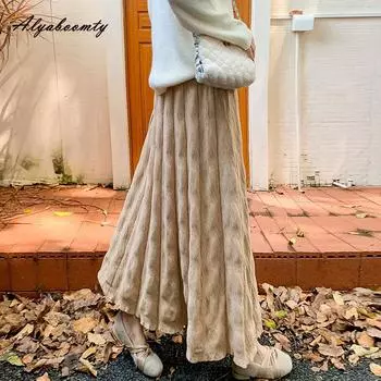 Осень-зима женская длинная однотонная вязаная юбка с высокой талией черный, серый цвет хаки абрикосовые вязаные юбки женские One Size серый