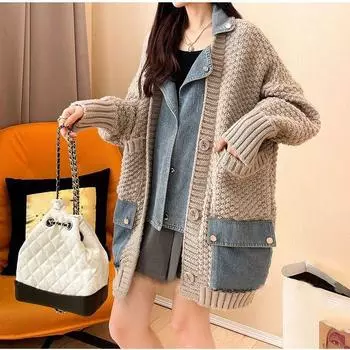 Осень-зима Женская джинсовая куртка с расщеплением Женская джинсовая куртка с длинным рукавом Женская свободная куртка-кардиган One Size кофейный