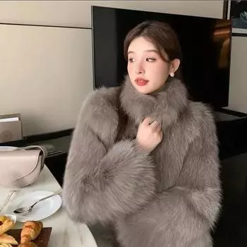 Осень-зима Женская искусственная лисья шерсть Экологически чистый мех воротник стойка короткая шуба толстая теплая куртка XXL чёрный