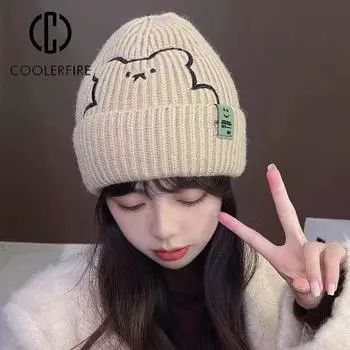 Осень-зима, женская кепка с черепом, модные повседневные вязаные шапки с милым медведем, в полоску, с обжимкой, сохраняют тепло, эластичные однотонные шапки HC204 One Size чёрный