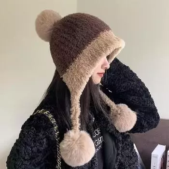Осень-зима женская контрастная теплая защитная шапка с плюшевыми шариками серый