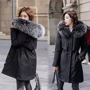 Осень-зима Женская корейская версия большого пальто, однотонная теплая куртка с подкладкой на талии XXXXXXL чёрный
