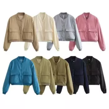 Осень-зима Женская куртка-бомбер Пальто Белая пуговица Бейсболка Авиатор Укороченные куртки для женщин Длинный рукав Укороченная верхняя одежда XL чёрный