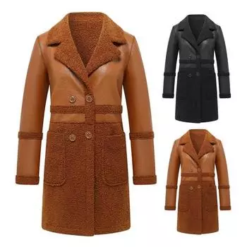 Осень-зима женская куртка из утолщенного плюша из искусственной кожи в стиле пэчворк средней длины размера плюс XXL чёрный