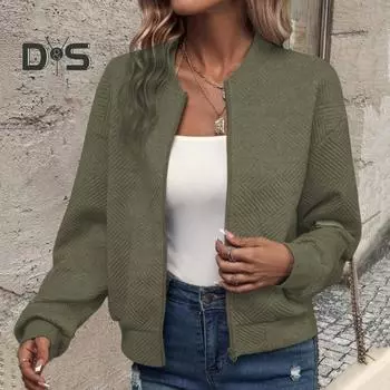 Осень-зима Женская куртка на молнии, утолщенная, однотонная, с аппликацией из эластичной ткани, манжетами, низом, кардиганом со стоячим воротником, свободными длинными рукавами, верхняя одежда, пальто M армия зеленый