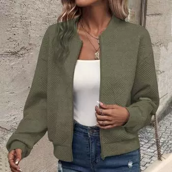 Осень-зима Женская куртка на молнии, утолщенная, однотонная, с аппликацией из эластичной ткани, манжетами, низом, кардиганом со стоячим воротником, свободными длинными рукавами, верхняя одежда, пальто M армия зеленый