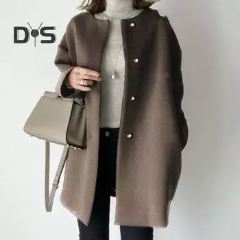 Осень-зима Женская куртка на пуговицах с круглым вырезом, свободная, с длинными рукавами, прямое шерстяное пальто средней длины, однотонная верхняя одежда для поездок на работу, свиданий и выпускного вечера L чёрный