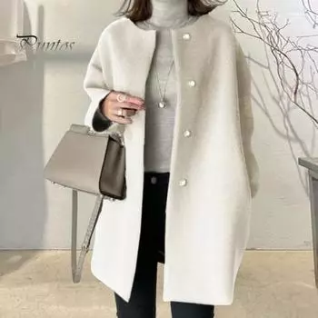 Осень-зима Женская куртка на пуговицах с круглым вырезом, свободная, с длинными рукавами, прямое шерстяное пальто средней длины, однотонная верхняя одежда для поездок на работу, свиданий и выпускного вечера L кофейный