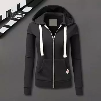 Осень-зима женская куртка на шнурке с капюшоном на молнии с длинными рукавами однотонная облегающая эластичная манжета кардиган с карманами спортивное пальто для фитнеса M чёрный