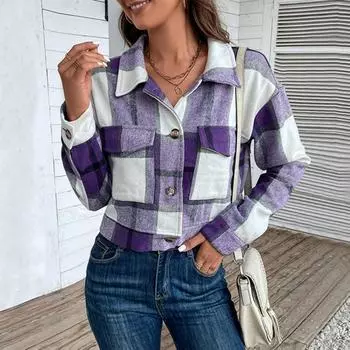 Осень-зима женская куртка одинакового цвета в клетку с длинными рукавами и лацканами, однобортные карманы, толстый кардиган, винтажное женское пальто S серый