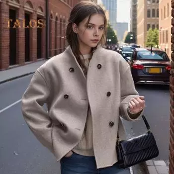 Осень-зима Женская куртка однобортная двубортная утолщенная кардиган свободная с длинными рукавами воротник стойка нагрудные карманы верхняя одежда пальто S серый