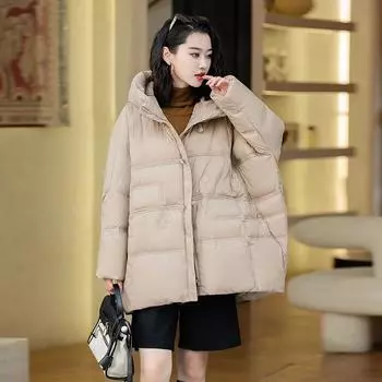 Осень-зима Женская куртка-пуховик Повседневная верхняя одежда с капюшоном Теплое пуховое винтажное пальто One Size чёрный