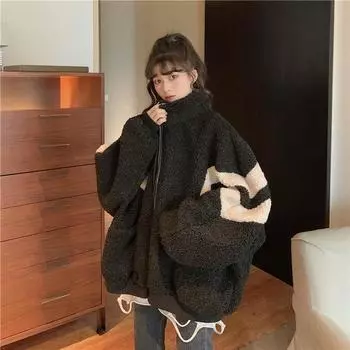 Осень-зима женская куртка с капюшоном на молнии уличная рубашка пальто искусственная овечья шерсть свободный кардиган свитер одежда Y2k M белый