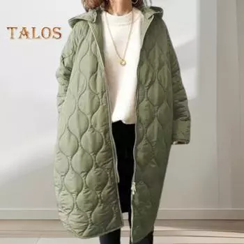 Осень-зима Женская куртка с капюшоном на молнии с ромбовидной текстурой, тонкая подкладка, длинные рукава, средняя длина, свободное повседневное пальто для работы и школы темно-зеленого