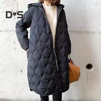 Осень-зима Женская куртка с капюшоном на молнии с ромбовидной текстурой, тонкая подкладка, длинные рукава, средняя длина, свободное повседневное пальто для работы и школы чёрный