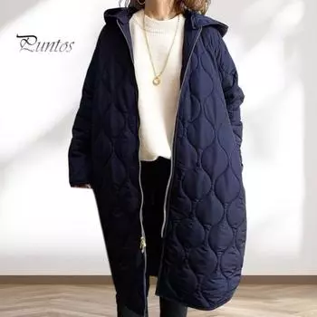 Осень-зима Женская куртка с капюшоном на молнии с ромбовидной текстурой, тонкая подкладка, длинные рукава, средняя длина, свободное повседневное пальто для работы и школы темно-зеленого