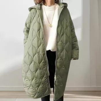 Осень-зима Женская куртка с капюшоном на молнии с ромбовидной текстурой, тонкие утепленные длинные рукава темно-зеленого