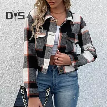 Осень-зима Женская куртка с клетчатым принтом, подобранным по цвету, с длинными рукавами, с лацканами, однобортная, с карманами, толстый кардиган, винтажное женское пальто S серый