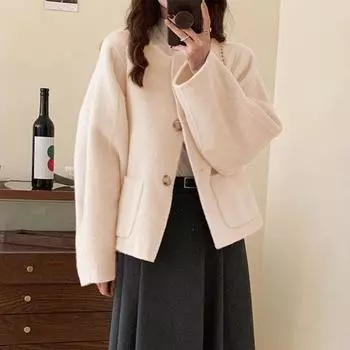 Осень-зима Женская куртка с круглым вырезом, однобортная, с боковыми карманами, свободная короткая шерстяная куртка для шопинга, поездок на работу, повседневное пальто S фиолетовый