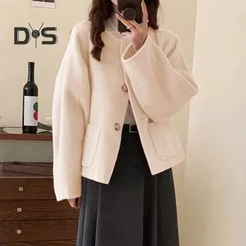 Осень-зима Женская куртка с круглым вырезом, однобортная, с боковыми карманами, свободная короткая шерстяная куртка для шопинга, поездок на работу, повседневное пальто S абрикосовый