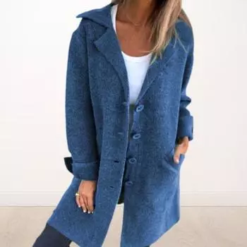 Осень-зима Женская куртка с отложным воротником, однобортная, с длинными рукавами, свободное однотонное шерстяное пальто с карманами, средняя длина XXXL чёрный