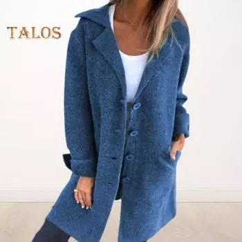 Осень-зима Женская куртка с отложным воротником, однобортная, с длинными рукавами, свободное однотонное шерстяное пальто с карманами, средней длины, для поездок на работу и свиданий XXXL дубильная кора