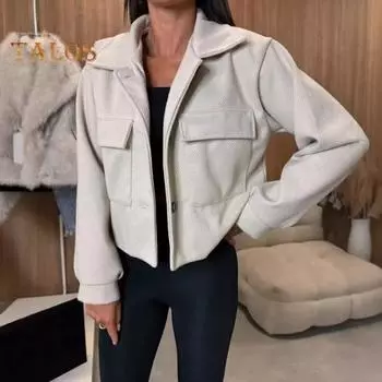 Осень-зима Женская куртка с отложным воротником в английском стиле, нагрудными карманами, ветрозащитная верхняя одежда, однобортная, однотонная, с застежкой на пуговицы, для ежедневных поездок на работу M светло-серый
